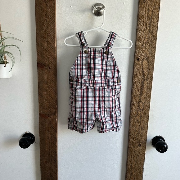 Y2K Gymboree Baby Boy Plaid Red White Blue Overalls Shortalls 6-12 M 100% Cotton - Picture 7 of 14